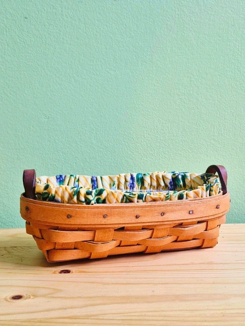 1996 Vintage Longaberger Cracker Basket with Leather Handles & Floral Liner